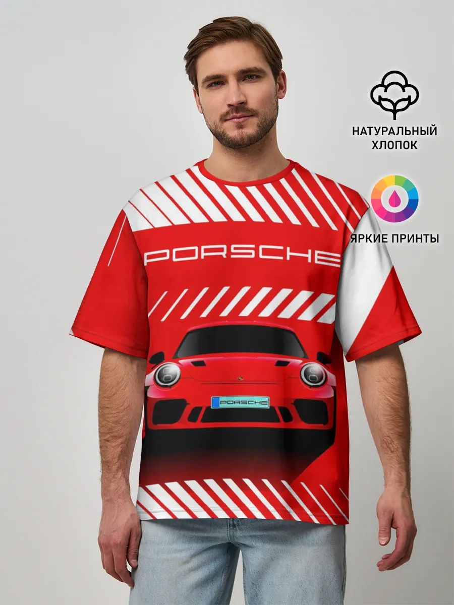 Мужская футболка оверсайз / PORSCHE / ПОРШЕ / RED STYLE