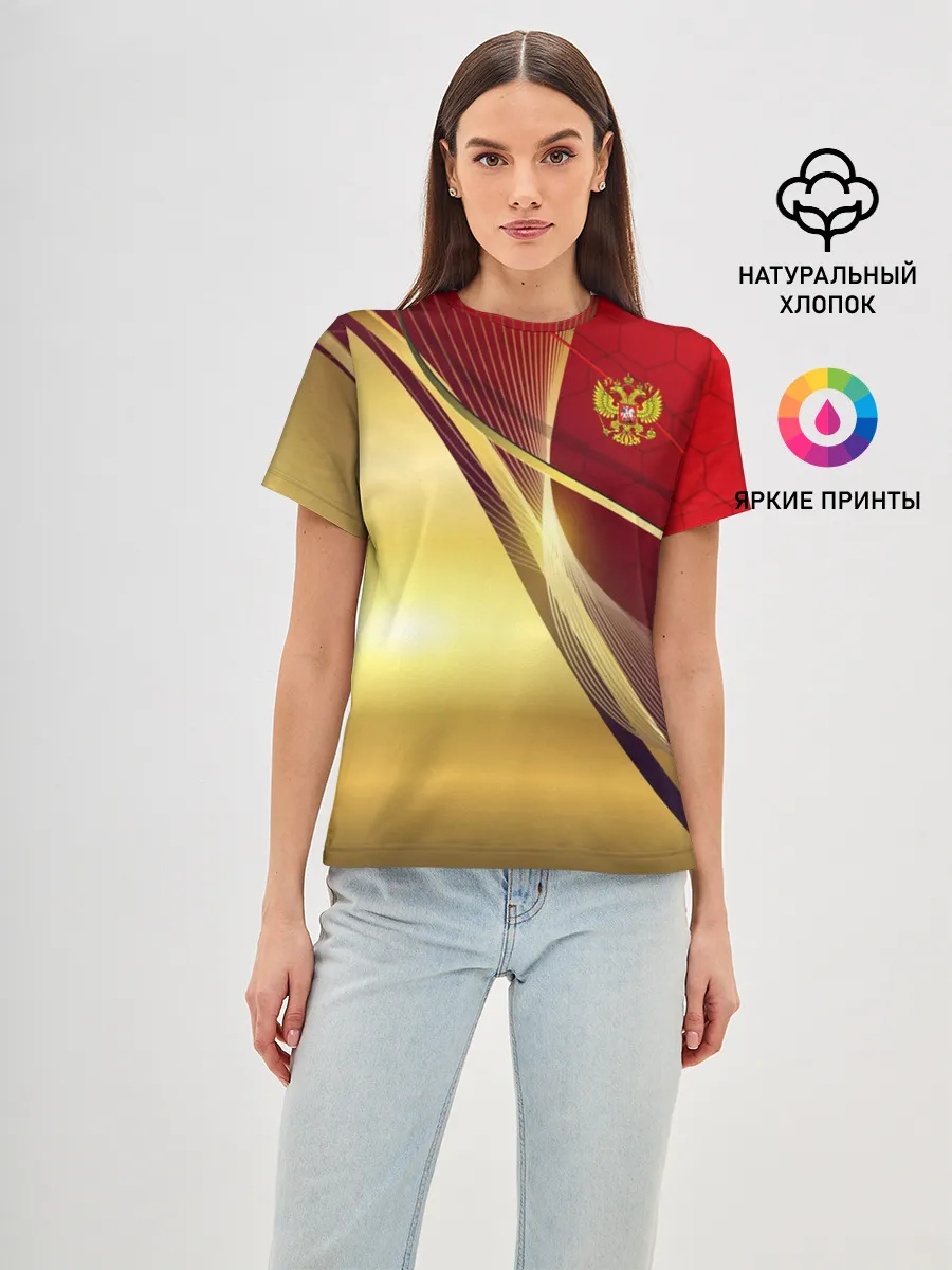 Женская базовая футболка / RUSSIA SPORT: Red and Gold.