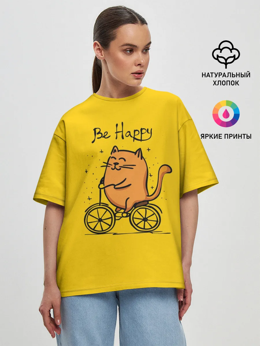 Женская футболка оверсайз / Be Happy,cat