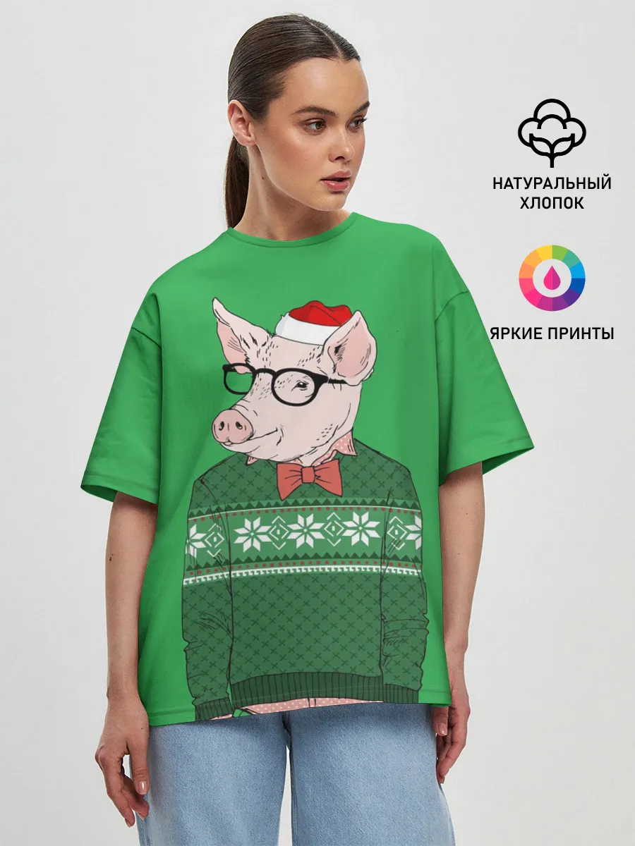 Женская футболка оверсайз / New Year Hipster Pig