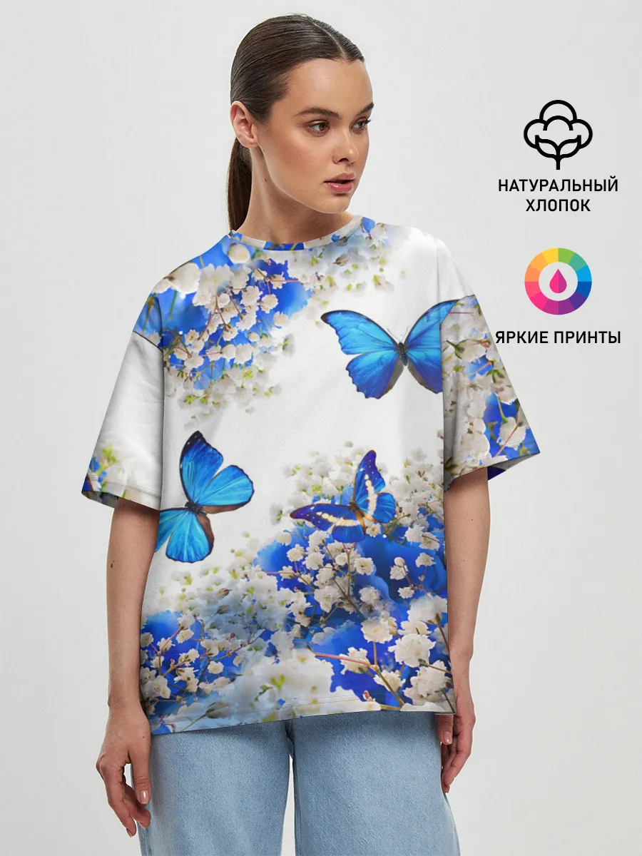 Женская футболка оверсайз / Butterfly | Blue White