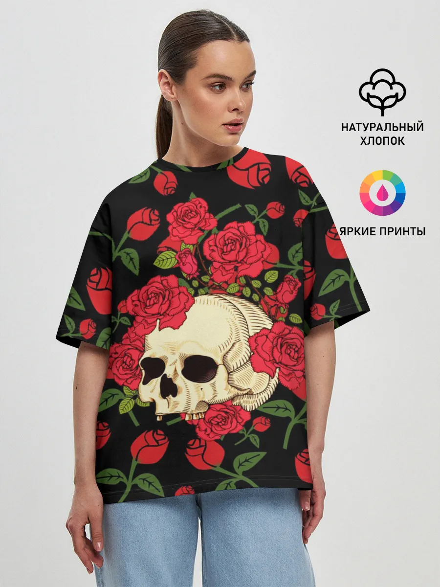 Женская футболка оверсайз / Skull | Roses