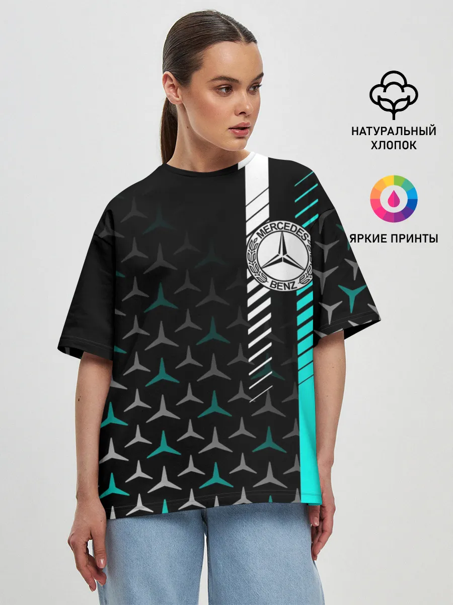 Женская футболка оверсайз / МЕРСЕДЕС / AQUA BLACK GRADIENT