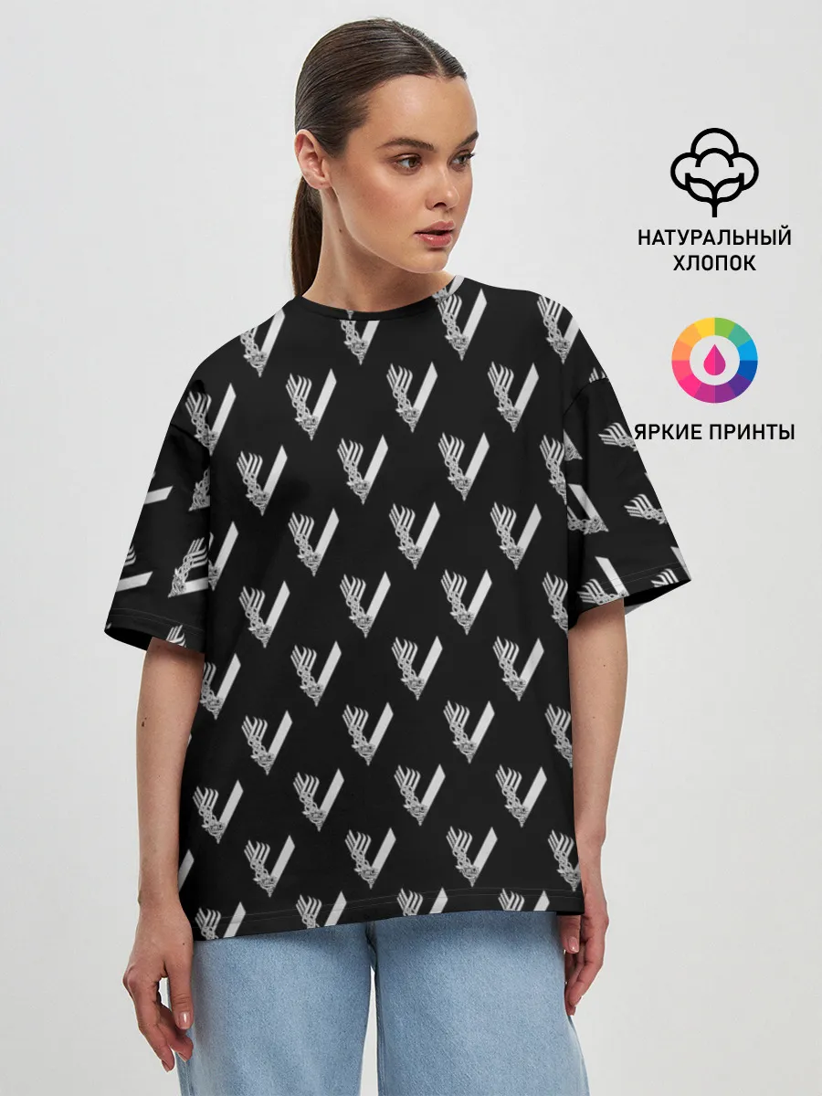 Женская футболка оверсайз / Викинги Лого Паттерн | Vikings Pattern (Z)