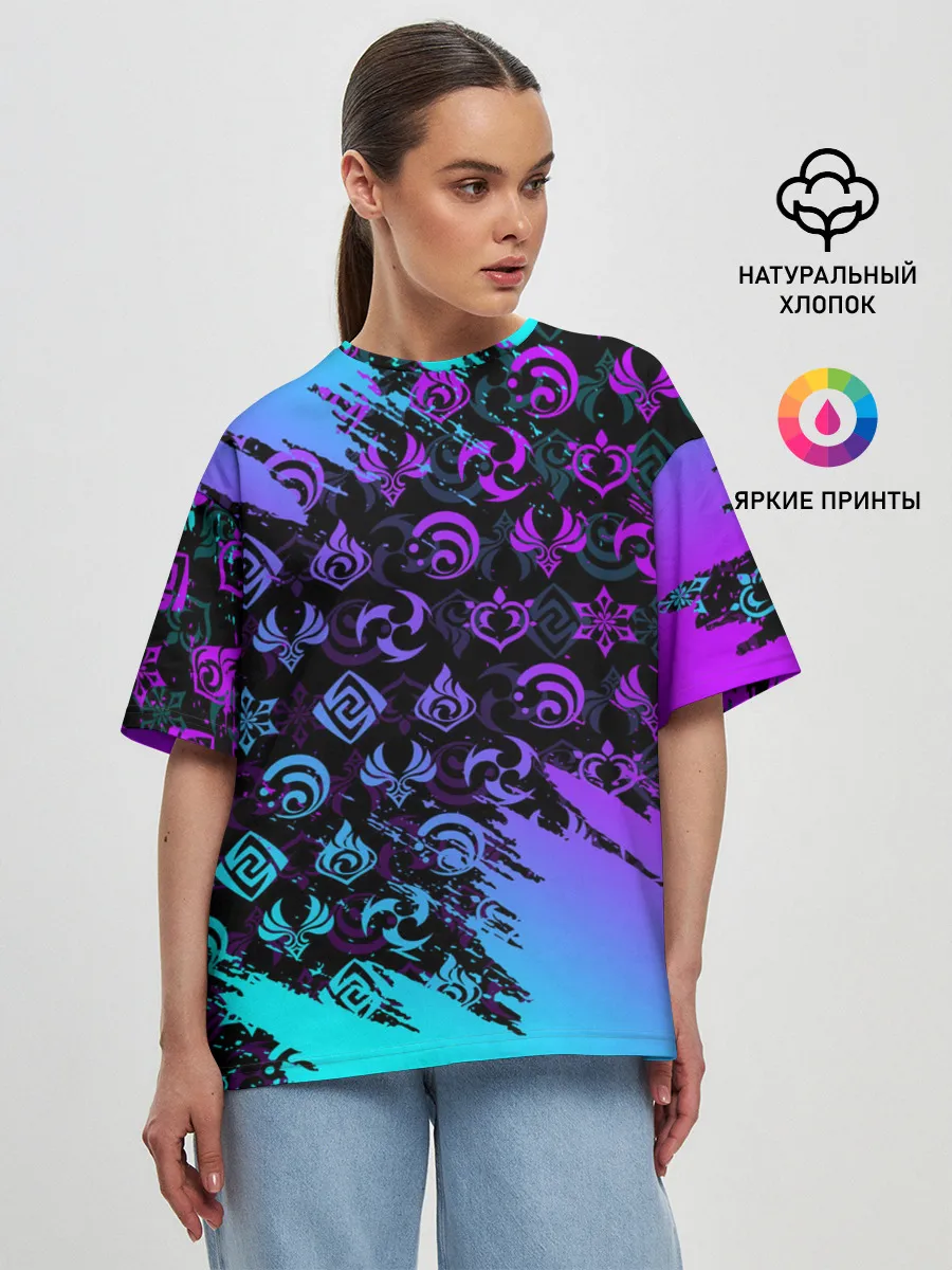 Женская футболка оверсайз / GENSHIN NEON PATTERN SYMBOL / НЕОН ЭМБЛЕМЫ