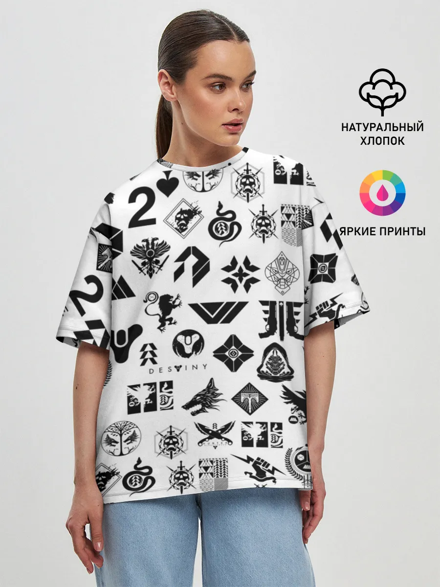 Женская футболка оверсайз / DESTINY 2 LOGO PATTERN / ДЕСТИНИ