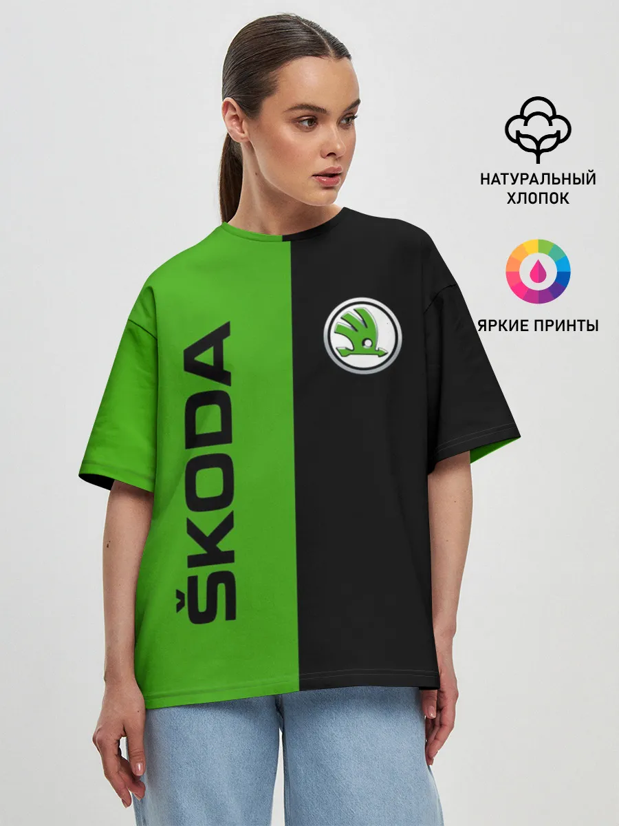 Женская футболка оверсайз / SKODA черно-зеленый