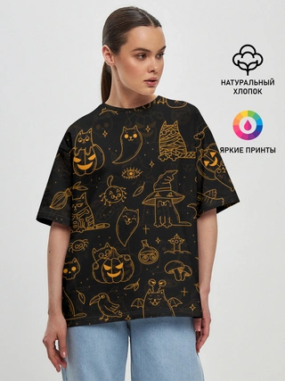 Женская футболка оверсайз / ХЕЛЛОУИН ПАТТЕРН КОТИКИ / HALLOWEEN KITTY