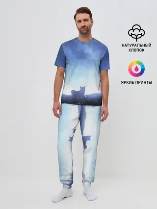 Мужская пижама с брюками / силуэт корги ночь космос дымка