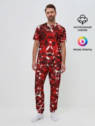 Мужская пижама с брюками / Краснобелый камуфляж с кабаном
