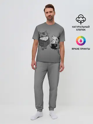 Мужская пижама с брюками / Котики в масках