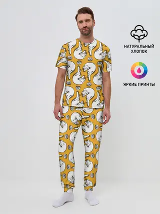 Мужская пижама с брюками / Белая кошка и корм