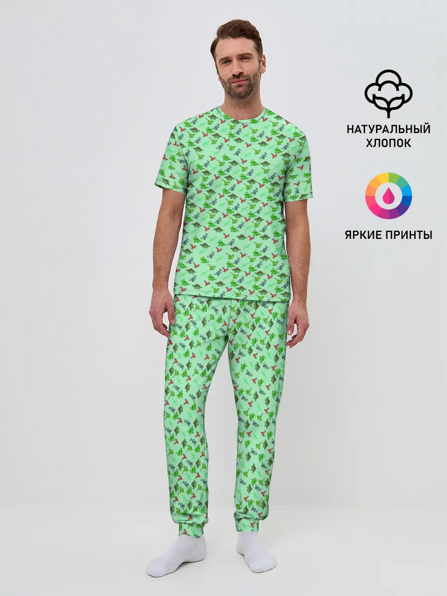 Мужская пижама с брюками / dinosaurs green