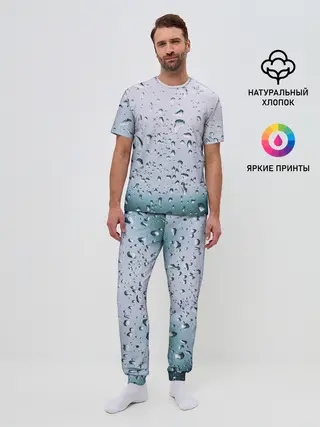Мужская пижама с брюками / Капли окно стекло дождь серо