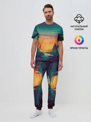 Мужская пижама с брюками / Закат в лесу