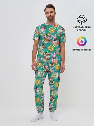 Мужская пижама с брюками / Мопсы в пончиках