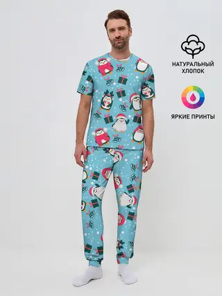 Мужская пижама с брюками / Новогодние Пингвины