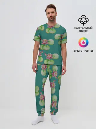 Мужская пижама с брюками / Лотосы на темно бирюзовом фоне