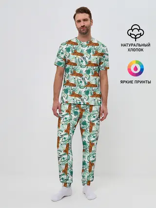 Мужская пижама с брюками / Цветы и Тигр Паттерн