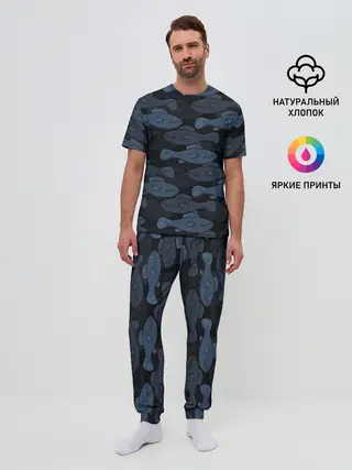 Мужская пижама с брюками / Синие рыбы на темном фоне