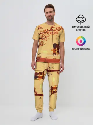Мужская пижама с брюками / Романтика. Пара на качелях