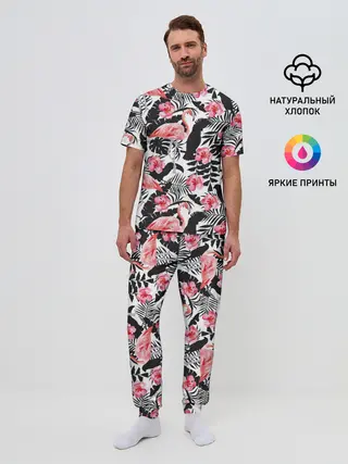Мужская пижама с брюками / фламинго и попугаи
