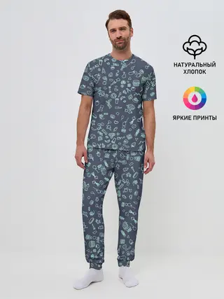 Мужская пижама с брюками / Еда Синий
