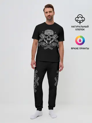 Мужская пижама с брюками / Череп, розы, два ствола