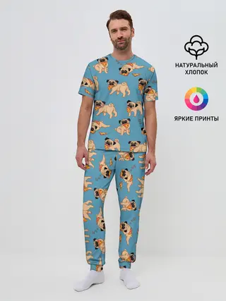 Мужская пижама с брюками / Мопсы с пиццей