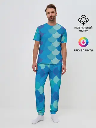 Мужская пижама с брюками / Синяя чешуя рыбы