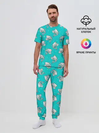 Мужская пижама с брюками / Котики и рыбки