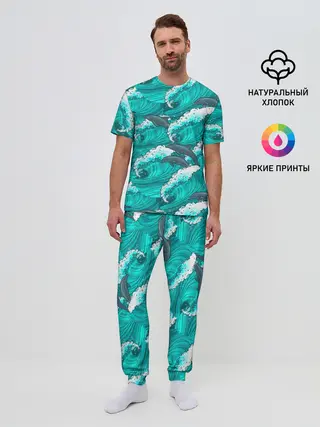 Мужская пижама с брюками / Дельфины в море
