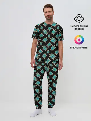 Мужская пижама с брюками / Бирюзовые черепашки брошка