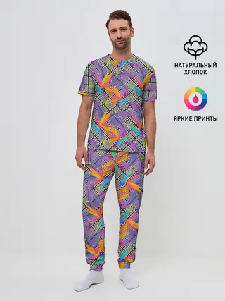 Мужская пижама с брюками / Тропические цветы и узоры