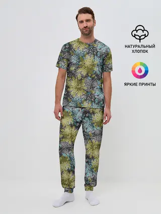 Мужская пижама с брюками / Черно оливковый цветочный