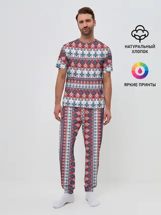 Мужская пижама с брюками / Этнический красно-синий узор