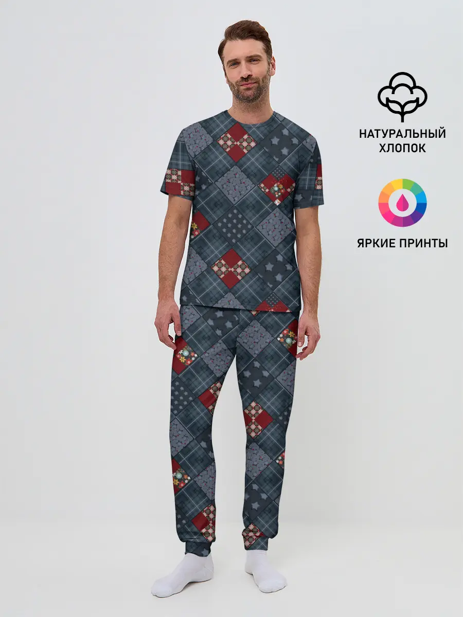 Мужская пижама с брюками / Синий джинсовый плед