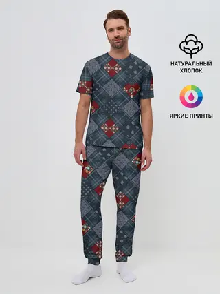 Мужская пижама с брюками / Синий джинсовый плед