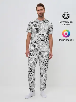 Мужская пижама с брюками / Черно-белый узор Тропики