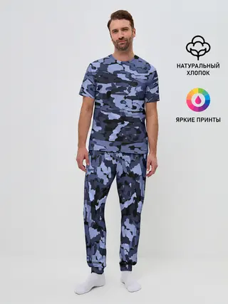Мужская пижама с брюками / Синий камуфляж в клетку