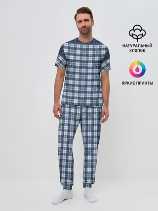 Мужская пижама с брюками / Синий узор в клетку