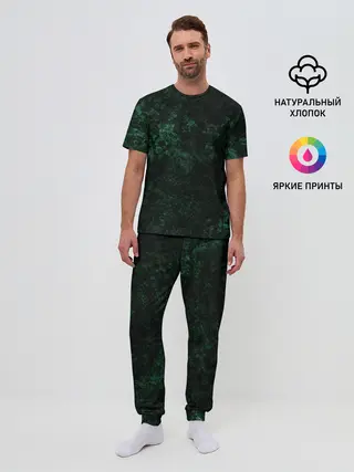 Мужская пижама с брюками / Темно-зеленый мраморный узор