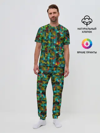 Мужская пижама с брюками / Разноцветные штрихи на бирюзе