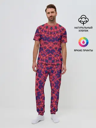 Мужская пижама с брюками / Круглый красный орнамент