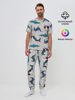 Мужская пижама с брюками / Кровожадные акулы паттерн