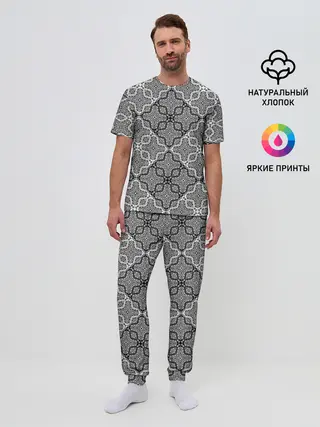 Мужская пижама с брюками / Черно-белый орнамент