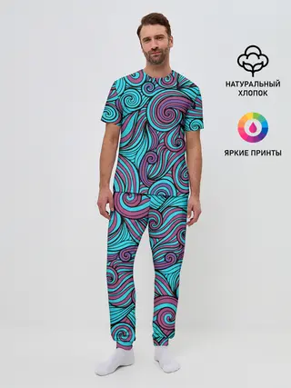 Мужская пижама с брюками / Синие листья