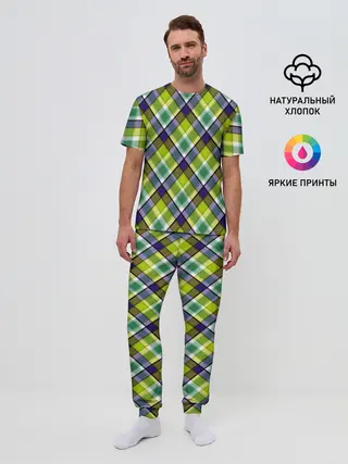 Мужская пижама с брюками / Крупный клетчатый косой узор
