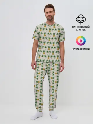 Мужская пижама с брюками / Узор ретро Ананасы
