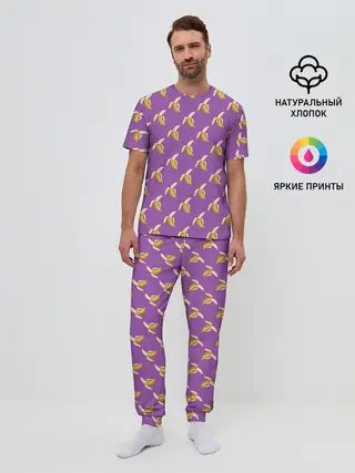 Мужская пижама с брюками / Бананы на лиловом паттерн